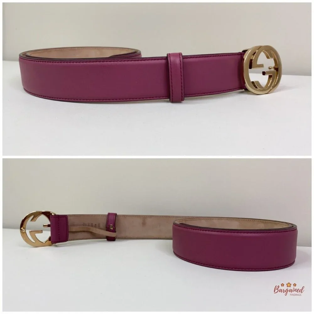 Authentic Gucci Pink Calfskin Leather Gold Interlocking G Buckle Belt 85/34 - Picture 10 of 12